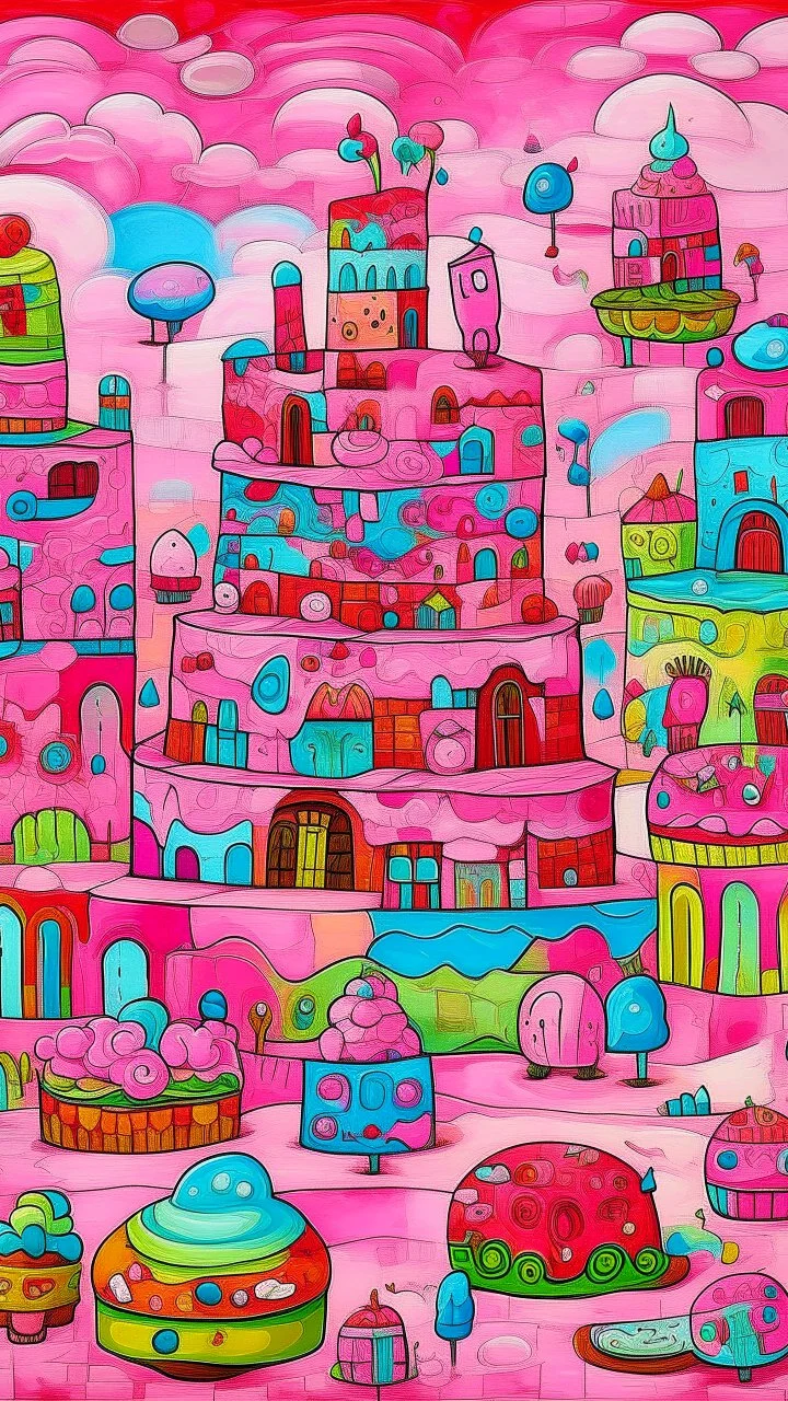 A pink dream realm made out cakes and cookies in graffiti art style painted by Paul Klee