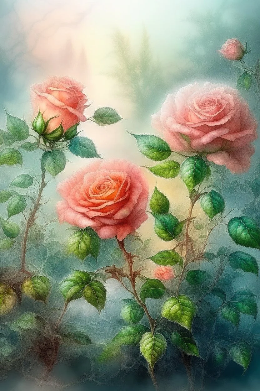 magic Watercolor, double Chinese rose bush, ultra-detailed, morning, rain, greenery, beautiful landscape, fog, many details, delicate sensuality, realistic, high quality, 3d, work of art, hyperdetalization, filigree, foggy haze background, hyperrealism, professional, transparent, delicate pastel tones, back lighting, contrast, fantastic, unreal, translucent, glowing, clear lines, epic fabulous, fabulous landscape, hyperrealism