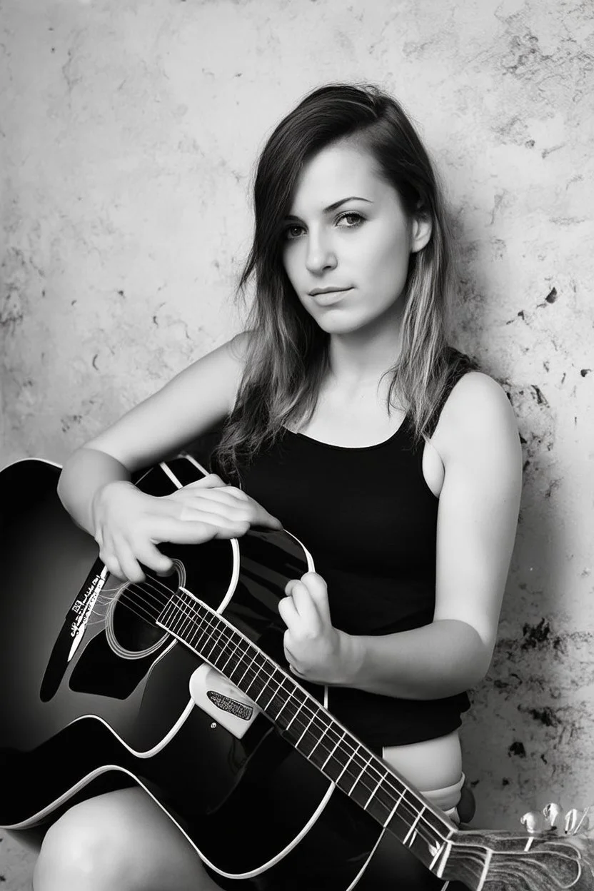 beautiful woman playing acoustic guitar in mid west blck and white old photto