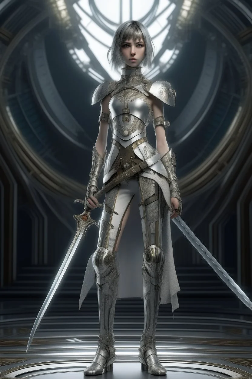 full body picture of a skinny woman with a bob, in silver armour, holding a curved sword, futuristic steampunk background