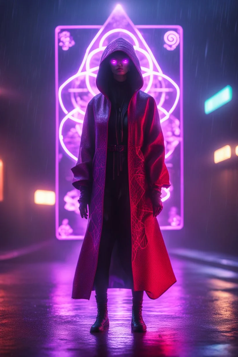 Lense flare,Volumetric fog smack yoga snake lights,paradise sacred geometry framed playing card, black, red, spore and purple neon cyber punk dancer priestess teurgist in soaked rain coat shadows boss card in the style of escher and fallout 4 ,,bokeh like f/0.8, tilt-shift lens 8k, high detail, smooth render, down-light, unreal engine