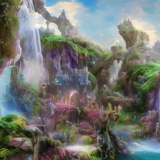 magical blu castel, bioluminsescent plants, 8k resolution, dynamic lighting, ultra hyperdetailed, waterfalls, ultra colourful flovers and butterflys,, very small details, realistic.