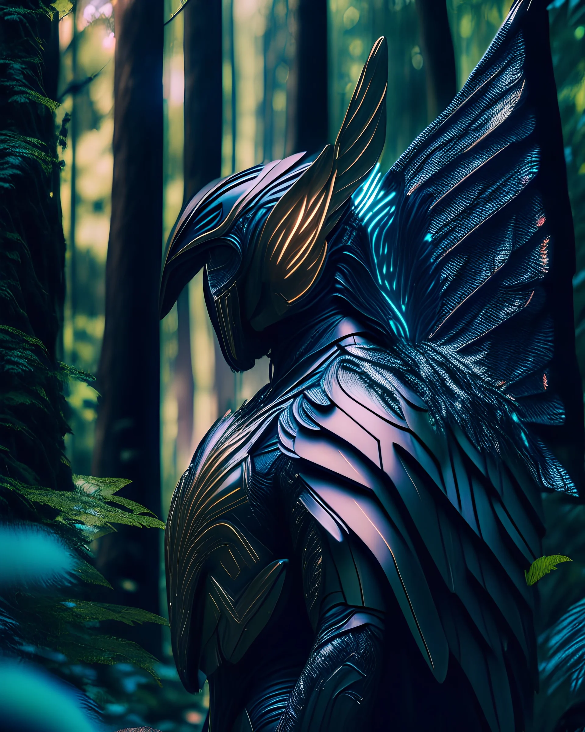 Winged man in the woods futuristic suit hyper-detailed art r8k