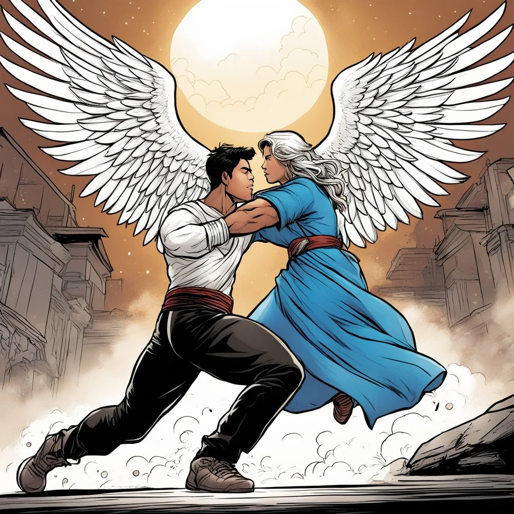 Jacob wrestling with angel: page by artist Harvey Tolibao and colorist Rebecca Nalty for a tale