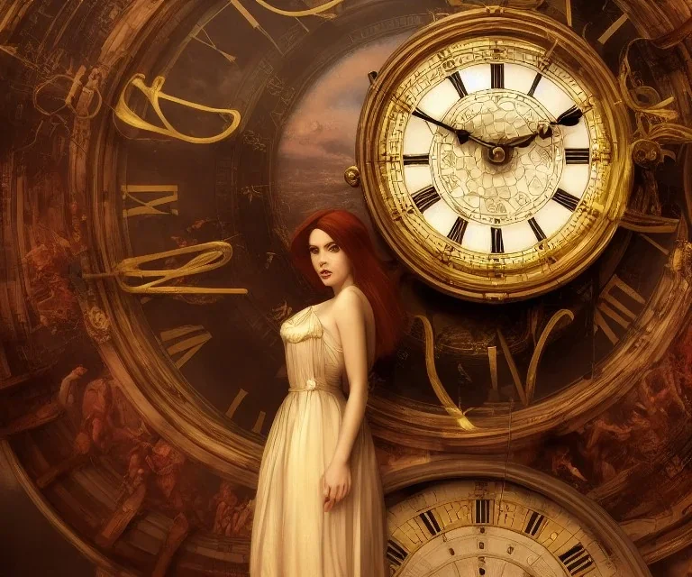 Trapped in time ” beautiful Woman trapped in a grand clock, Scenic background and foreground, Hyperdetailed, Royo, Ferri, Minguez, glowing edges, Mucha, Cina. Cinematic, WLOP, 8K, concept, sharp focus, rutkowski, detailed, Artgerm, Unity 3D, Gerald Brom, Pino Daeni, volumetric lighting