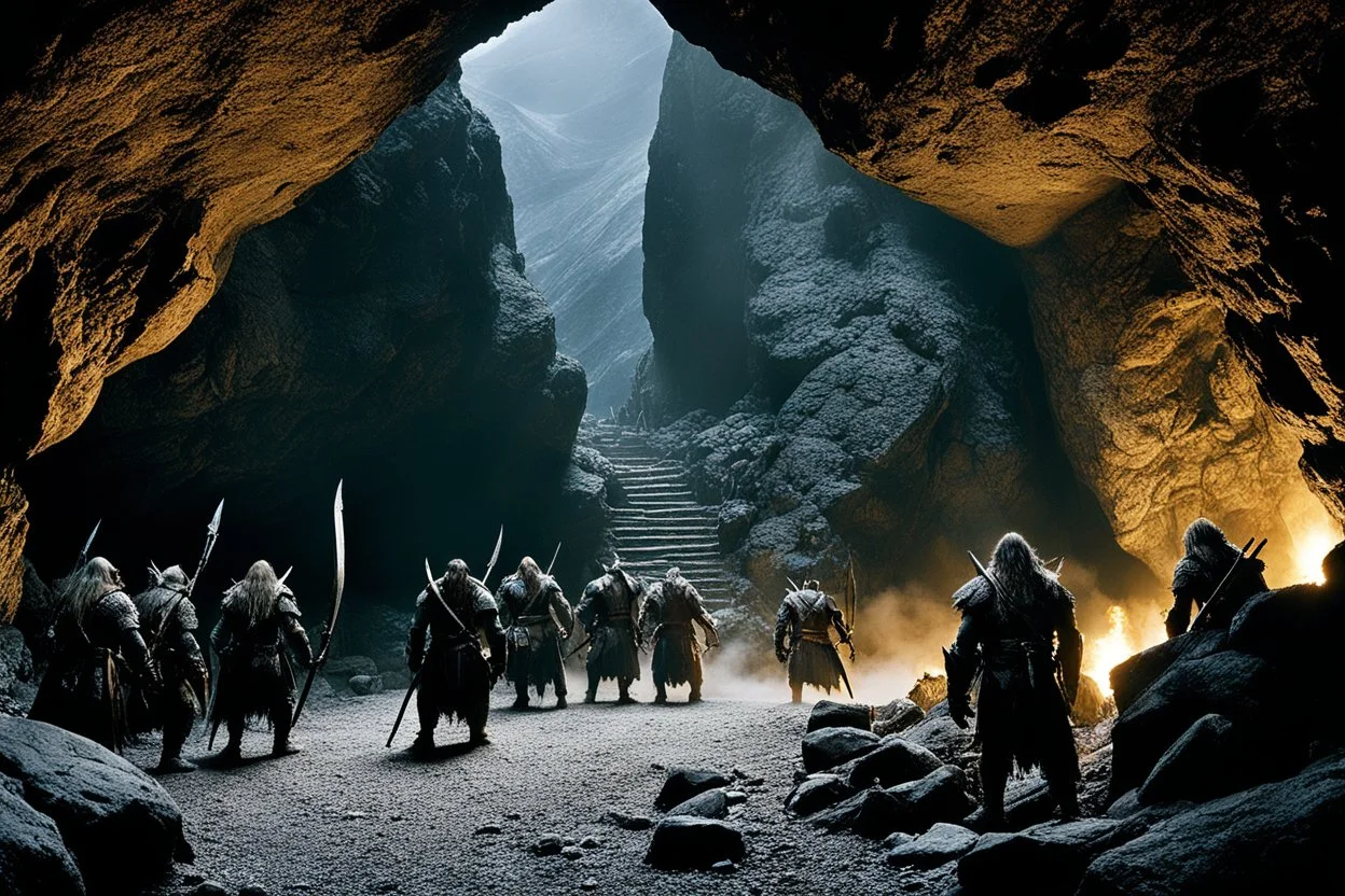 from the outside three menacing orcs [high res photo from the Lord of The Ring movie (JRR Tolkien)] the entry of a cave in the mountain, during the night, three orc warriors are guarding the entrance facing the camera, observed from behind a rock