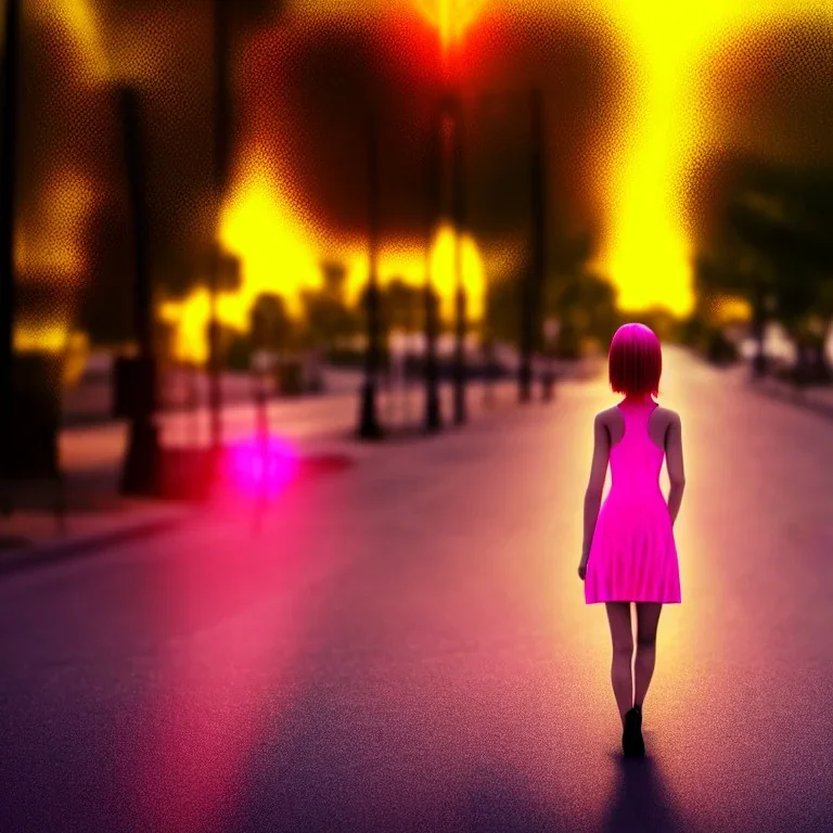 Beautiful lonely girl who walks along a street without people at dawn. You see her from behind. She wears very short yellow dress. She has short pink hair with glowing crystals. Full body, 8k resolution concept art. Professional Photo HD. Stylish. Warm vivid colors. Panoramic