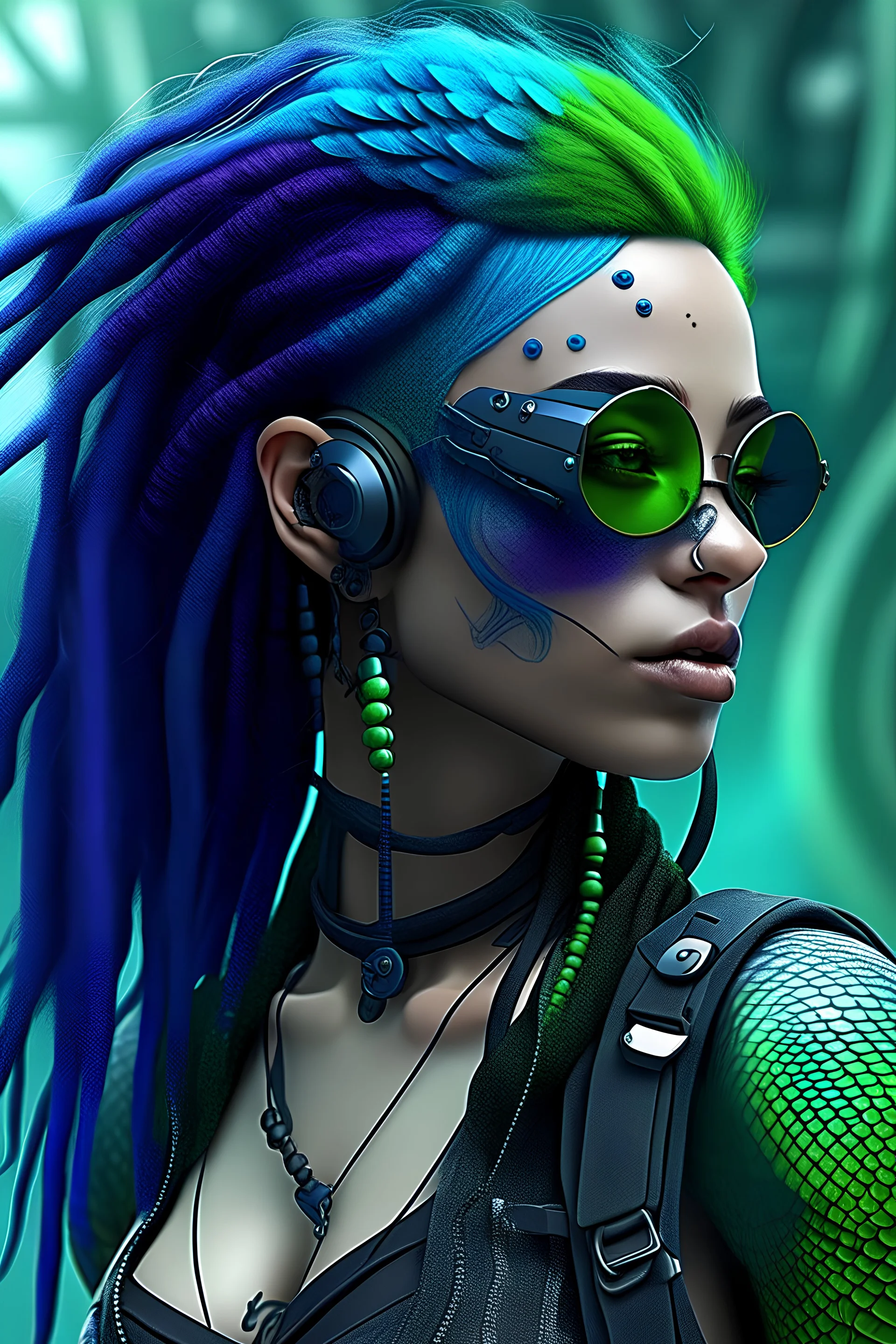 mermaid cyberpunk some fish scales on face indigo hair dreadlock sunglasses