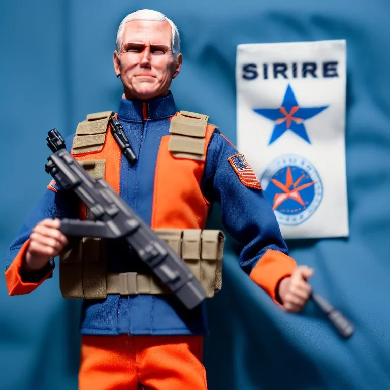 a large pile of Mike Pence G.I. Joe toy Doll spaceforce uniform, orange blue fabric, guns, wall packaging for sale, bright pricetag, finger, empty box