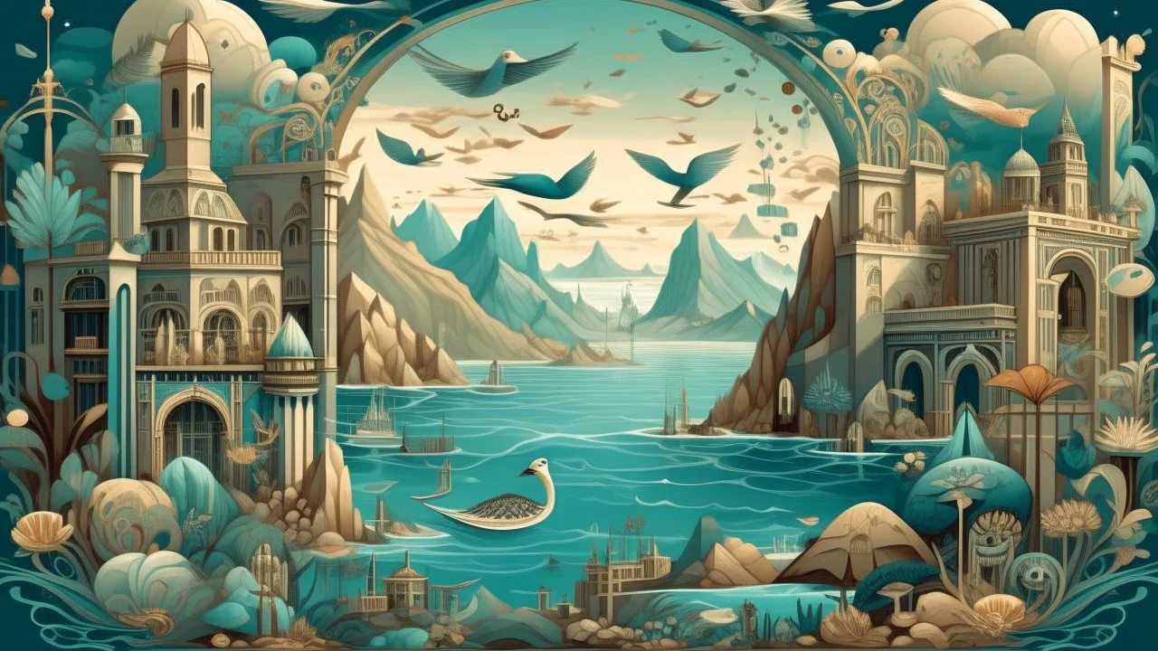 An intricate digital illustration of a surreal landscape. A massive, empty frame boasts intricate patterns, adorned with flying birds and small round objects. The canvas captures a harmonious fusion of a city skyline, an enigmatic ocean and mountains, while the distant water, a calm waterfall, and the serene blue sky create a fantastical harmony.