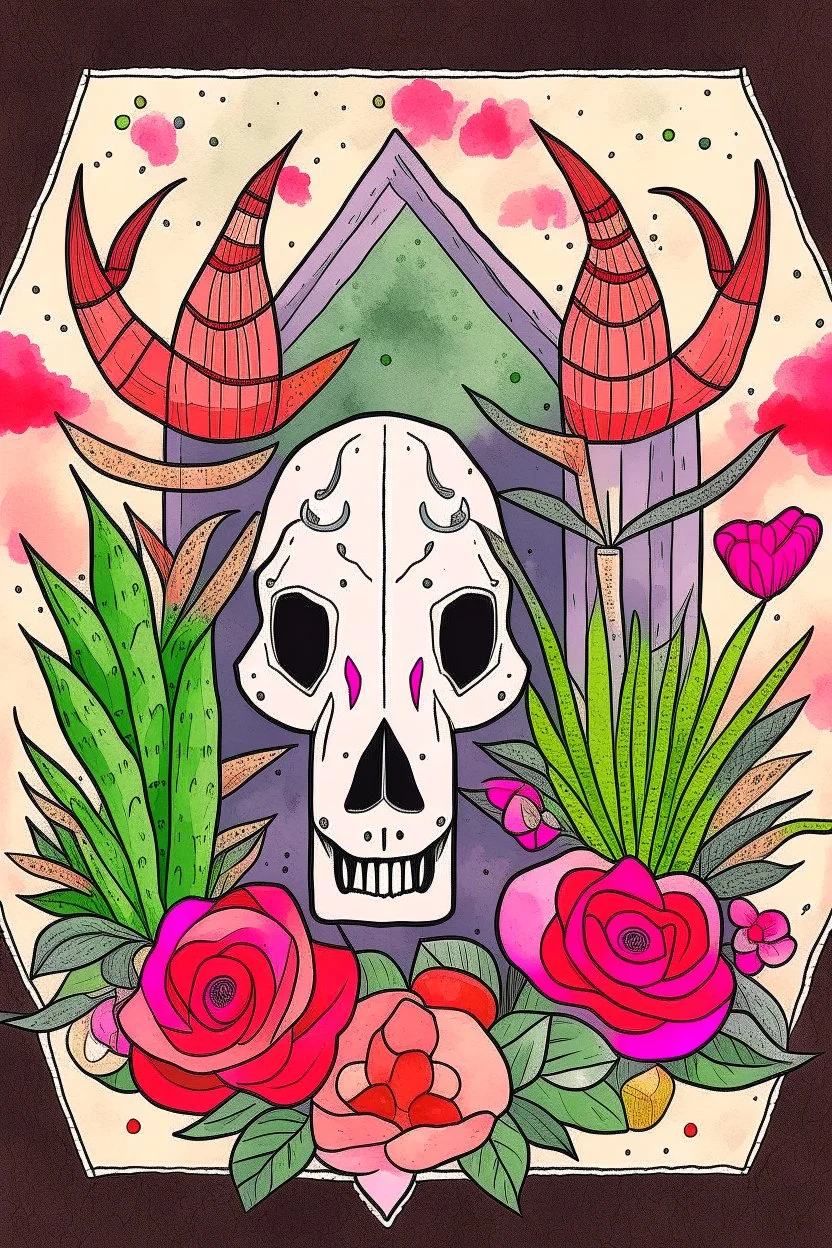 Gemstones, bull skull and house plants graphic
