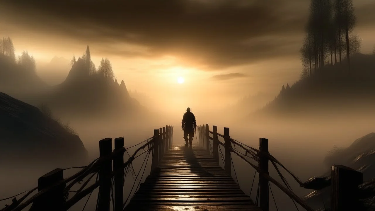 walking straight ahead over a wooden bridge, holding the angel of death with your right hand, entering the fog at the end of the road that leads to the afterlife, a stream from the mountains flows from the right and left, and a beautiful sunset behind the fog, realistic