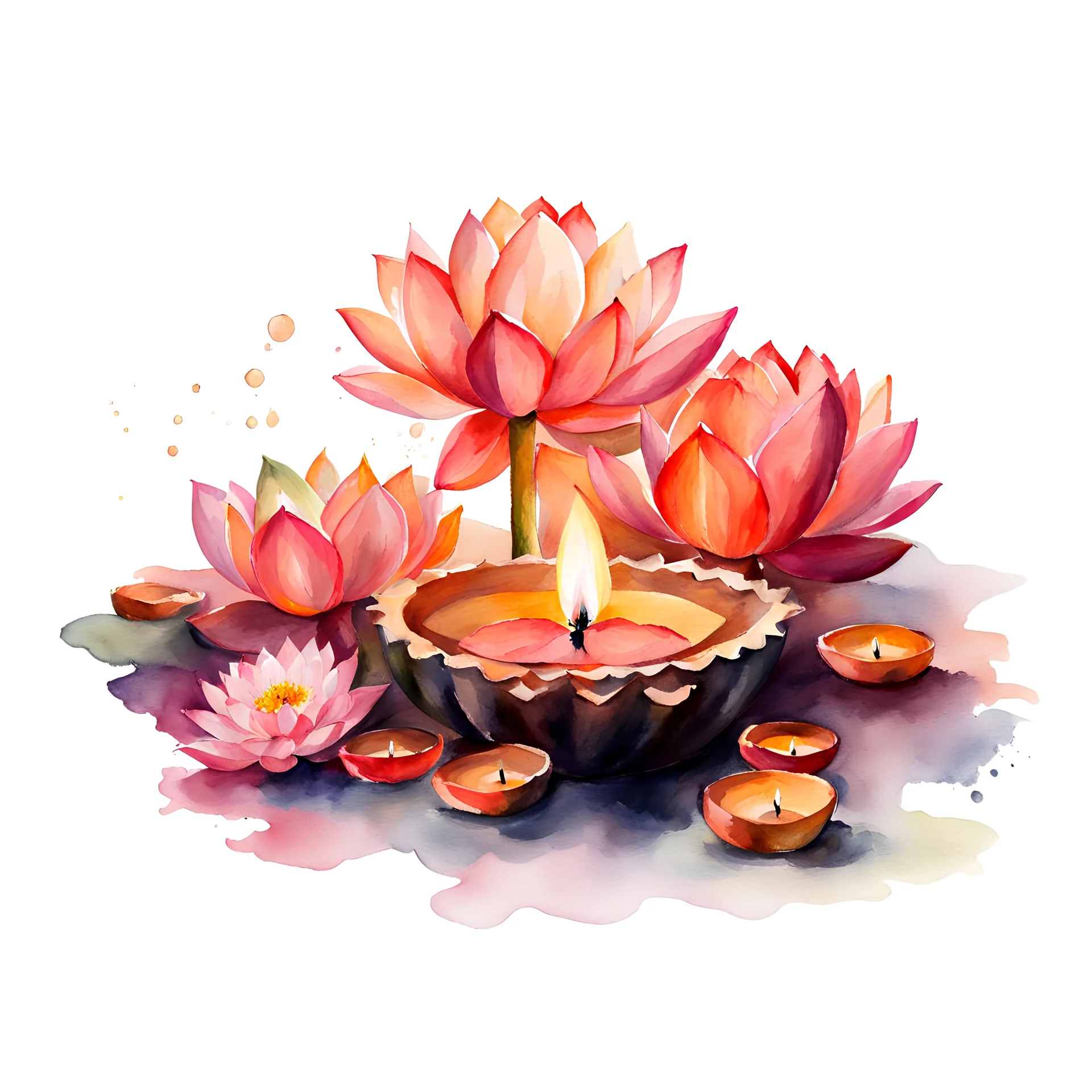 diwali lamps and Pink lotus flower, colorful, watercolor, watercolor,with a splash of mixed colors on a white background, sharp details, , Anna Razumovskaya style, atmospheric light, realistic colors
