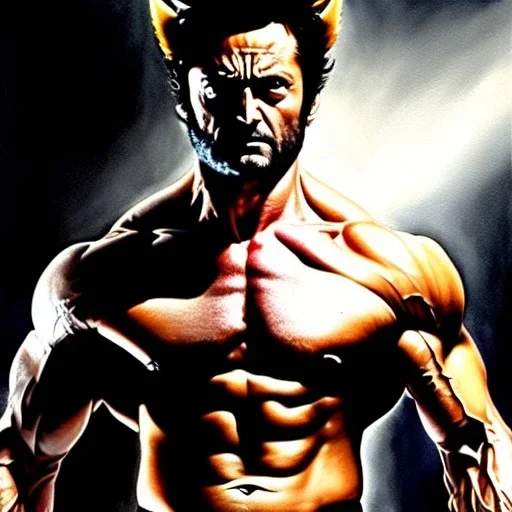 Fullbody Portrait ink and pencil of 'Wolverine',hyperrealism,intense stare,Ambiance dramatic,painting by Arthur Adams,Earl Norem,Caravaggio,simon Bisley,frazetta,Howard,西嘛哒, evan lee, Vallejo,kelly , cinematic composition, extreme detail,fit full body inside picture,8k