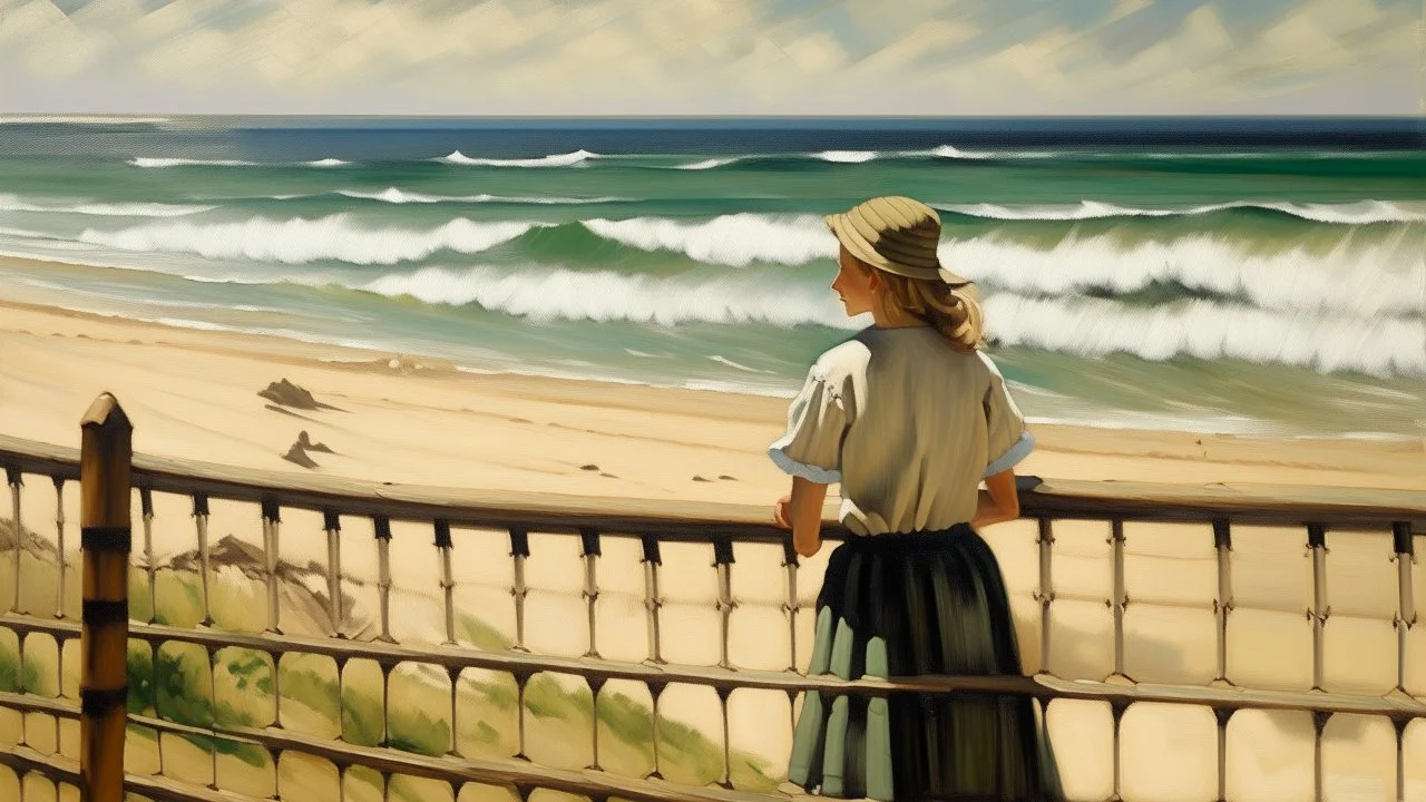 pintura de una mujer mirando a una playa desde una valla, Inspirado por Ruth Orkin, mujer en la playa, En el marside, con vistas a la playa, inspirada en Art Frahm, inspired by Max Liebermann, inspirado en Walter Beach Humphrey, chica en la playa, escena de playa, en una playa soleada, Inspirado en Jan de Bray, En el mar