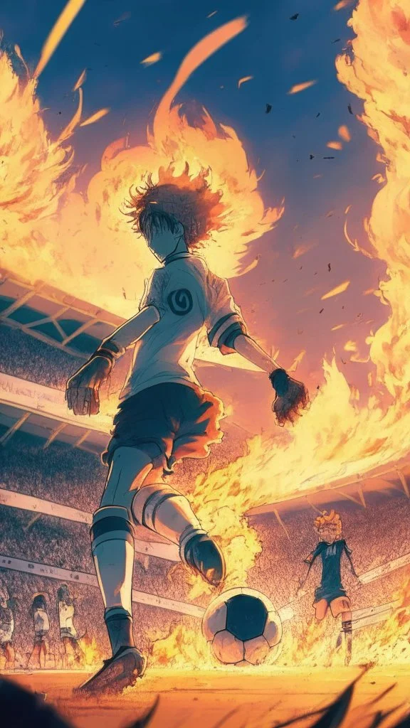 anime soccer player kicking a ball covered in fire, crowded stadium in the background