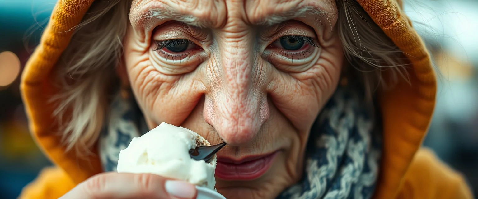 close up portrait of the sweetest soulfull magical old woman with no makeup eating bird in ice cream with her big pointy nose