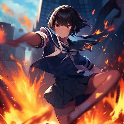 Clear focus,High resolution, Girl wearing a sailor uniform, Kicking pose, fire around her, straight face