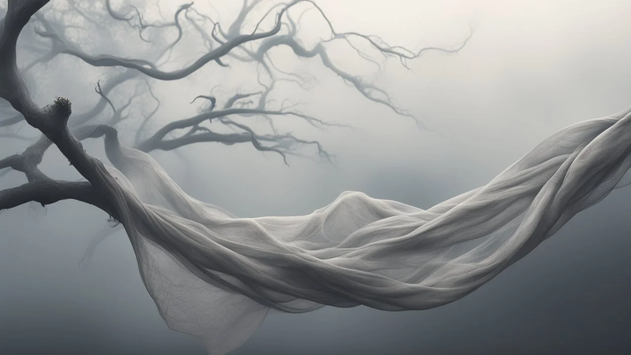 Multiple entanglements between a twisted thin piece of cloth as part of many twisted and spiraling branches disappearing into the distant mist, epic photo, sharp on highly detailed skin with wrinkles and high contrast, photorealistic, 4K, 3D, realism, hyperrealism, detail, good lighting, detailed texture, modern photography style, 3D, 4D, 4K --2:3