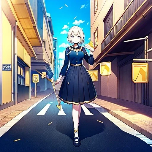 anime girl walking down a yellow brick road, road signs, arrows, direction, anime girl walking, arrows