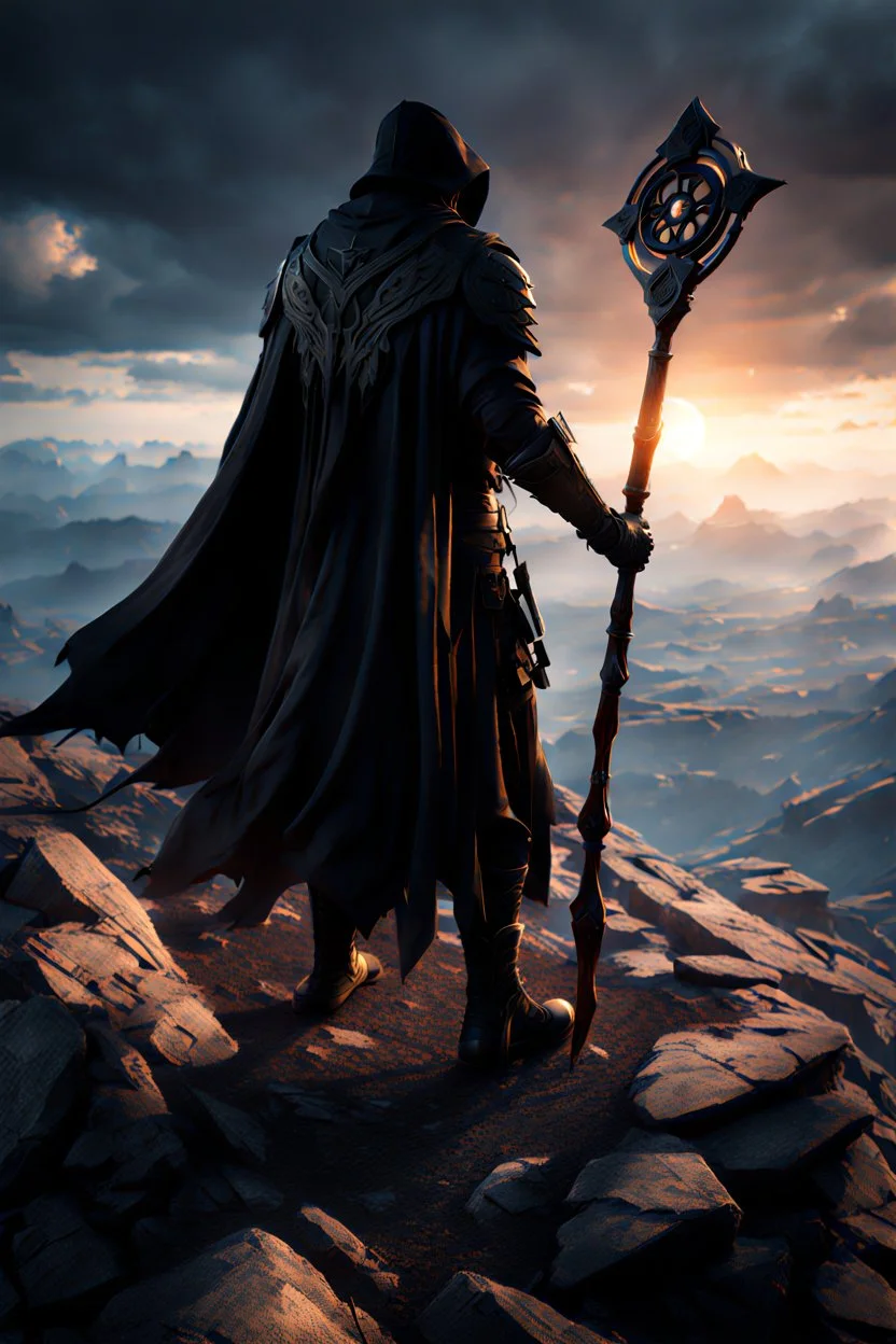 The Shadow of Death standing on a mountain top, using the staff of destruction to destroy the world. fantasy art, Cinematic lighting, Volumetric lighting, Epic composition, Very high detail, Character design, Unreal Engine, Octane render, HDR, Subsurface scattering