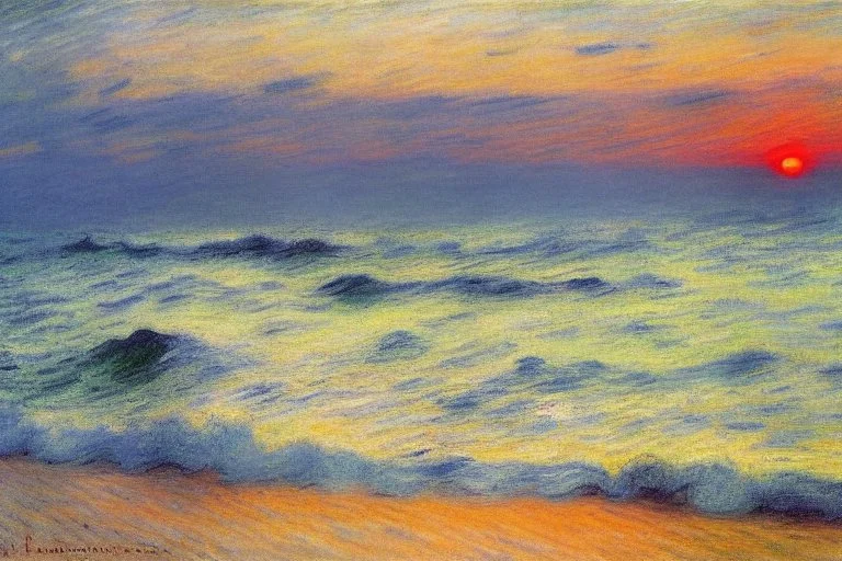 Amazing sunset, sea waves, sand, max liebermann and claude monet painting