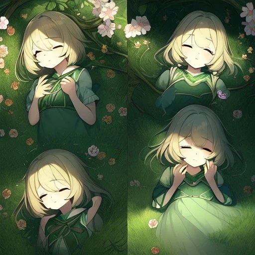 anime girl sleeping in a field of flowers, under a weeping willow tree, with a btterfly on her nose, zoom out