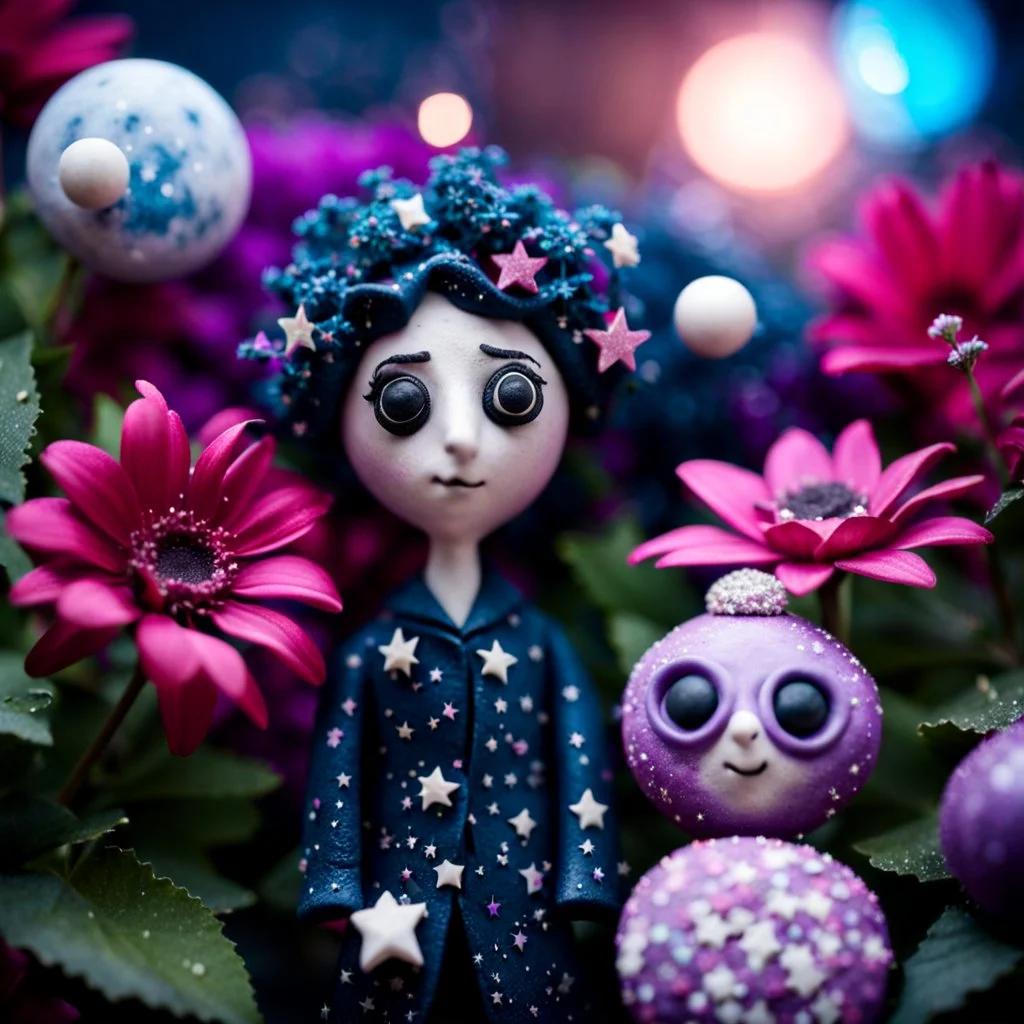 Fake people made of modeling clay, naïve, stars and planets, flowers, naïve, Tim Burton, sparkles, Harry Potter, bokeh