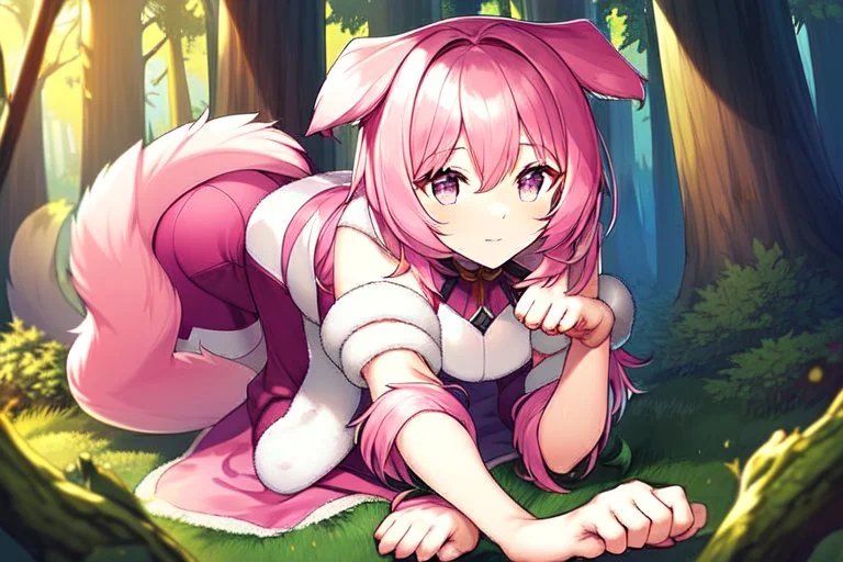 Forest, girl, pink hair, dog tail, sit on all fours, fur on foot and hand, paw