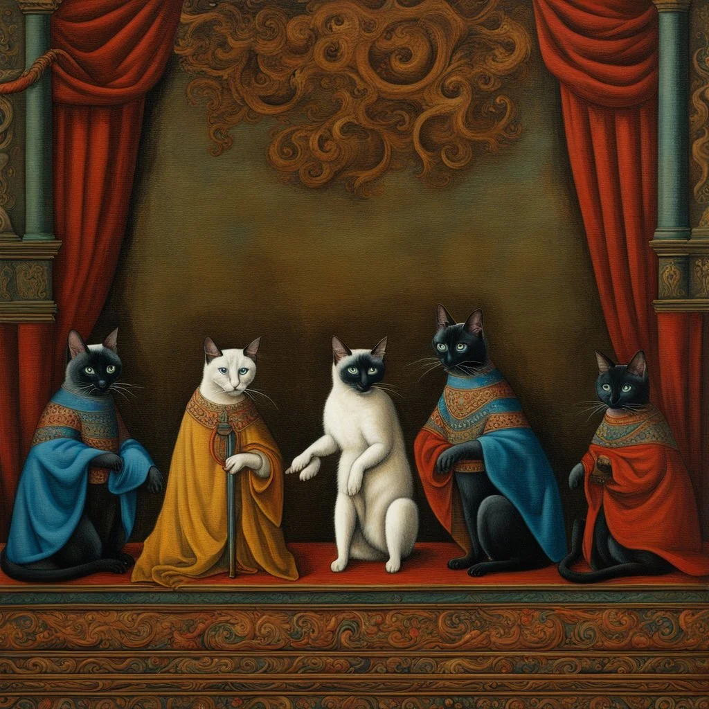 Siamese Cats in colorful costume performing on stage in a medieval opera, Hans Memling style, stylize 750, by yerka, by varo, encaustic