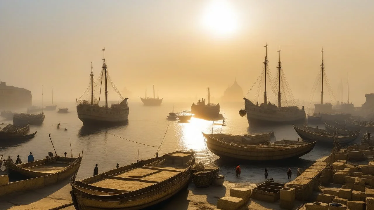 Qaitbay Citadel in Alexandria, fishermen’s boats anchored around it, fishermen putting fishing nets on their boats, fog covering the place, the moment the sun rises