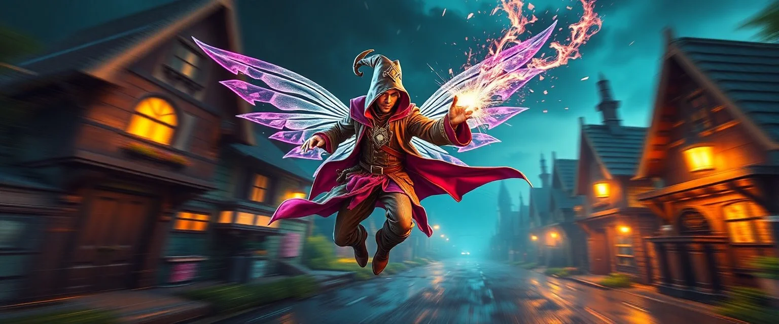 super duper mega rock star fairy thief priest dungeons magician throwing a wild magic spell that performs while flying at high speed through cyber punk village, background motion blur