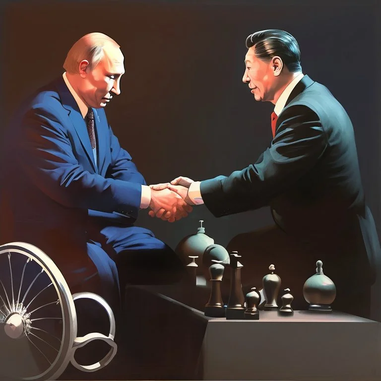 Putin, President Xi Of China And Joe Biden Play Chess between lights and shadow With A Pigeon,And Atomic Bomb Mushroom Cloud,Complex Surgical Instruments Intermixed With A Newborn Boy,Minimalism,Painting By Adrian Ghenie,Rene Magritte,Pablo Picasso,Michelangelo,Salvador Dali,Lucian Freud