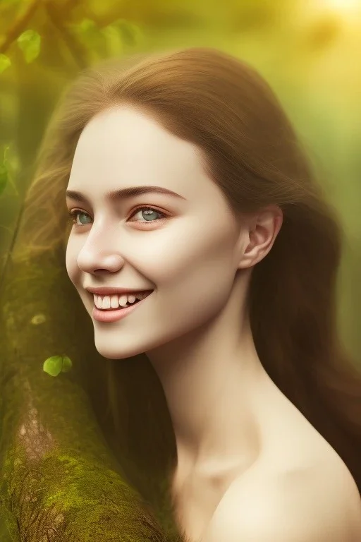 Beautiful smile of feminine girl in the forest in the 3PM in the afternoon ín 24K Resolutions, ultra HD, Professional PHOTOGRAPHY