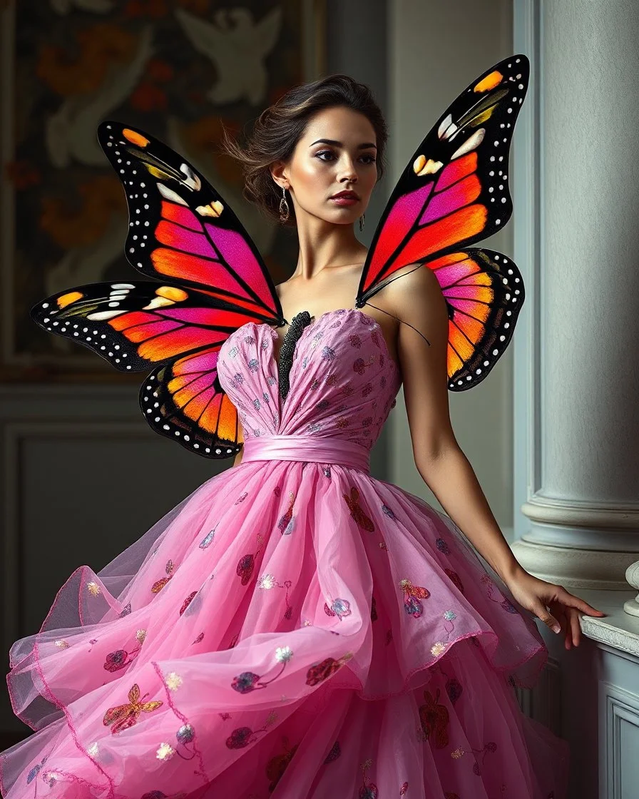 gorgeous photograph full body super model European beautiful woman,dressing gown lady butterfly colorful art conceptual, amazing artwork, hyper detailed, ultra maximalist quality, 12k