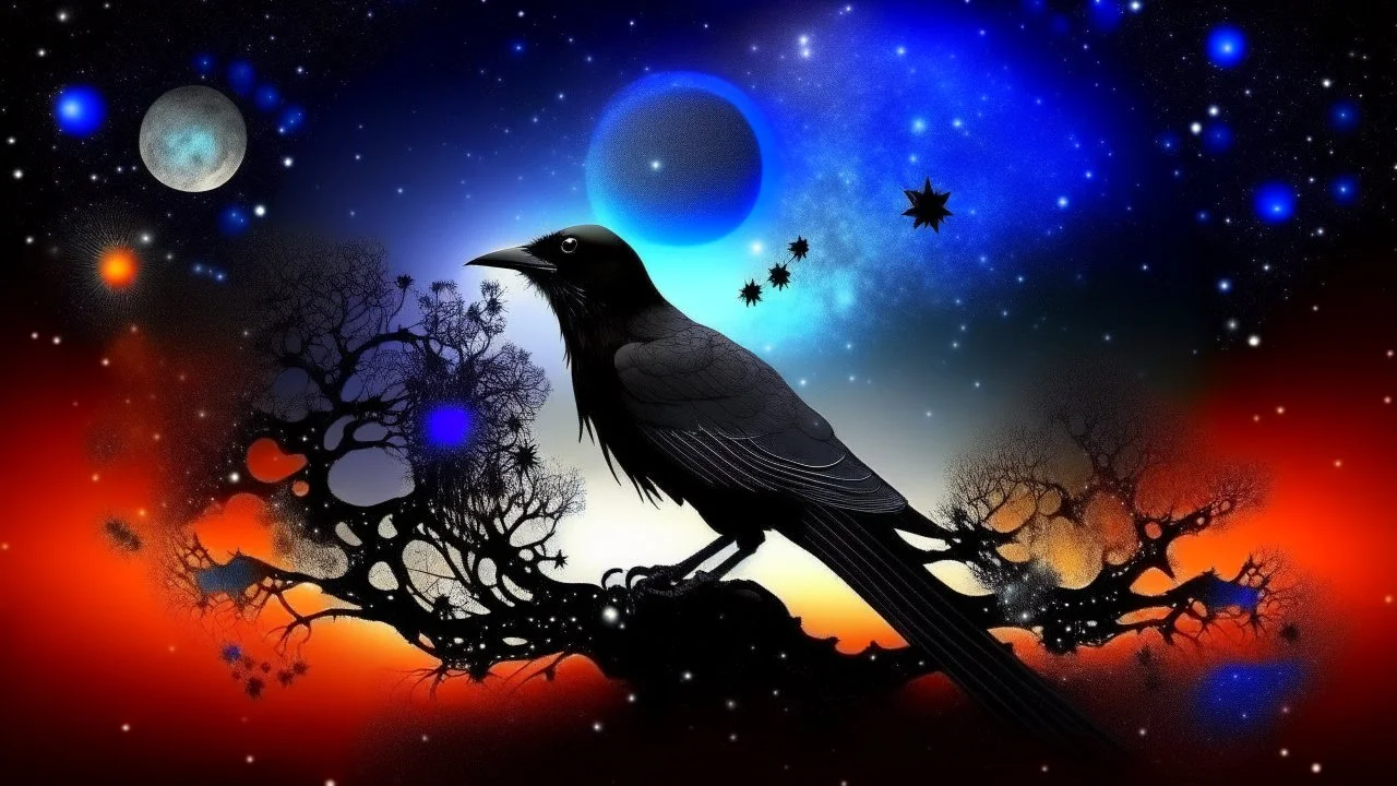 Crow in a space an the background of planets, souls, tree of life