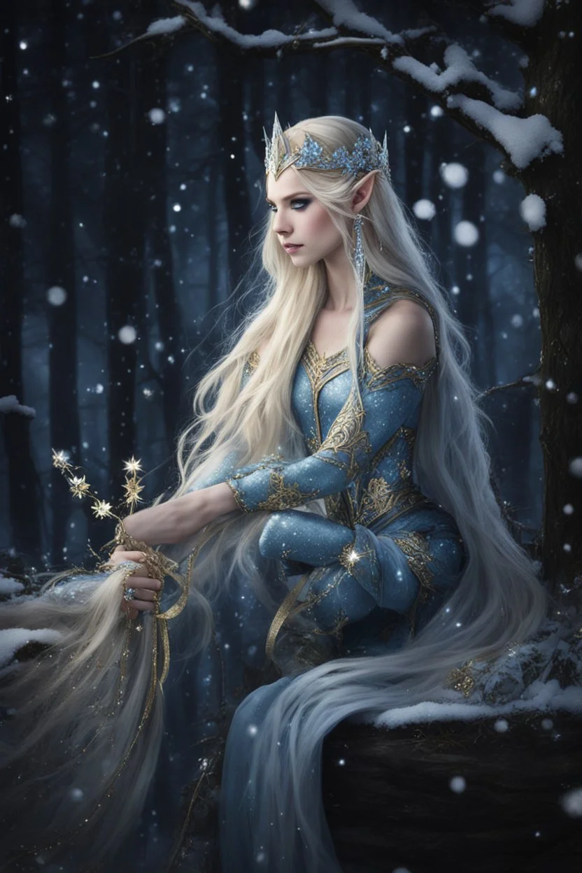 Elven princess,elven crown,long blonde golden hair,rapunzel hair,ice flowers,beautiful,light blue,dark blue,golden armor,sparkle,glitter,ice flowers,snow,elven ears,dark fairy princess