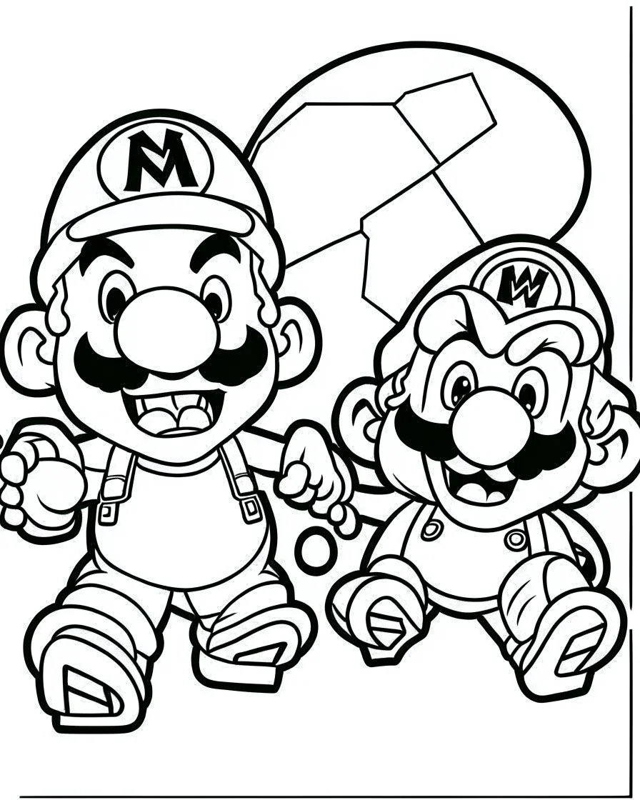 outline art for Mario Vs Goomba coloring page, Japanese manga style, cartoon style, cute face, white background sketch style, full body is a must, only use outline, clean line art, no shadow, bold outline