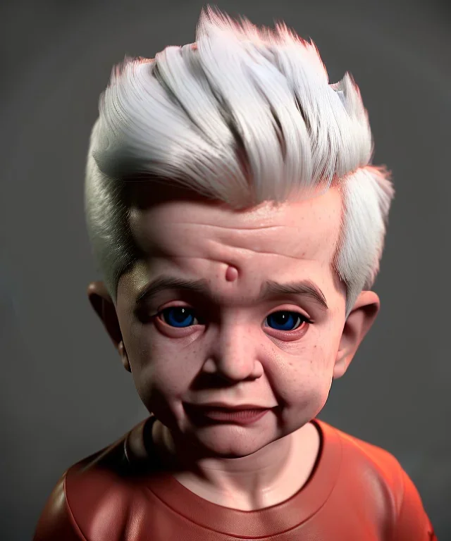 Pedro almodovar toddler, full body, white hair, diagonal shirt, dramatic lighting, hyper realistic