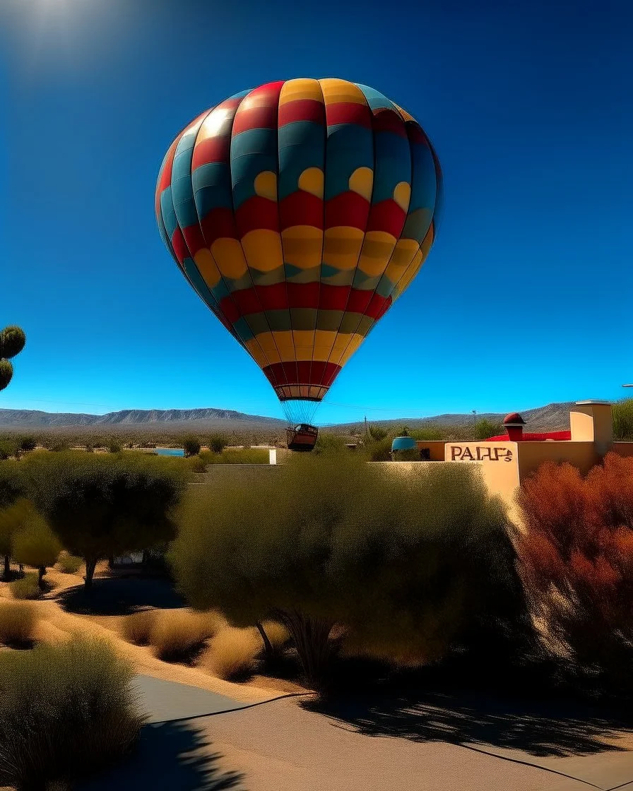 A photorealistic picture of a hot air balloon flying over Albuquerque new mexico