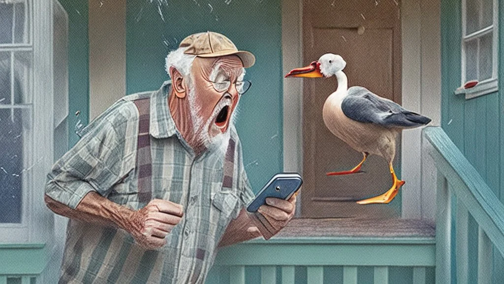 confused older man using cellphone on his porch chasing off the ducks