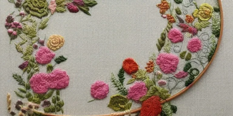 exquisite whimsical garden in embroidery hoop, intricate, highly detailed, linen and wood backdrop