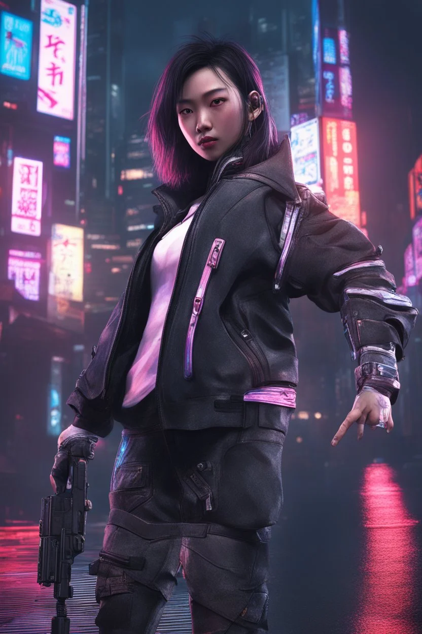 4k, hyper-realistic, Ultra-HD, Ray-tracing, cyberpunk, cybernetics, Asian, Female, short, jacket, carrying pistol, hacker, night time, bright signs, lively city