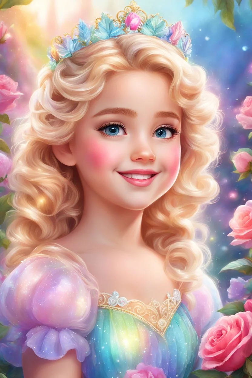 Adorable digital painting of a beautiful little girl in a gorgeous rainbow princess dress, portrait of Elsa, sparkling crown, front view, beautiful smile, shiny golden curly hair, angel eyes, beautiful face, rosy cheeks, pink lips, Elsa face, digital art, surrounded by paradise garden and roses in the background, romantic style, pastel world, high quality, 4k