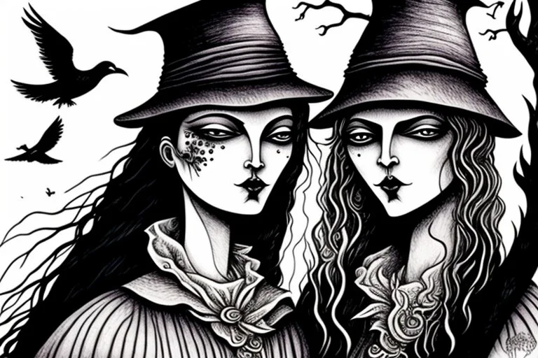 Two witches, playing with crows, perfect iris, ink and pencil, style Elisabeth Kreitz