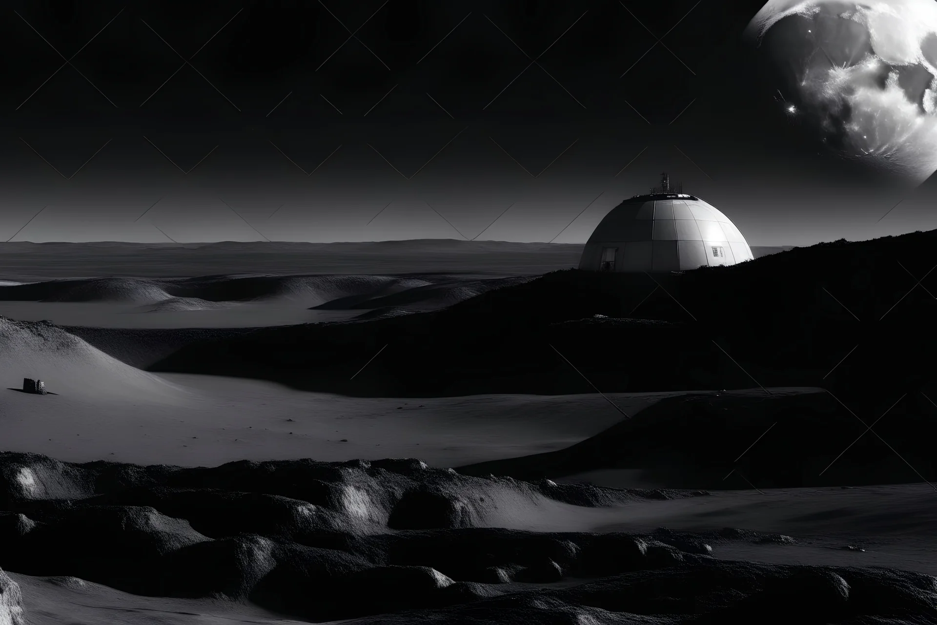 view of planet from a moon base, desaturated