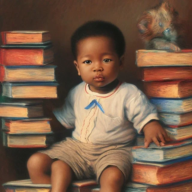 African American baby boy on pile of books by Monet