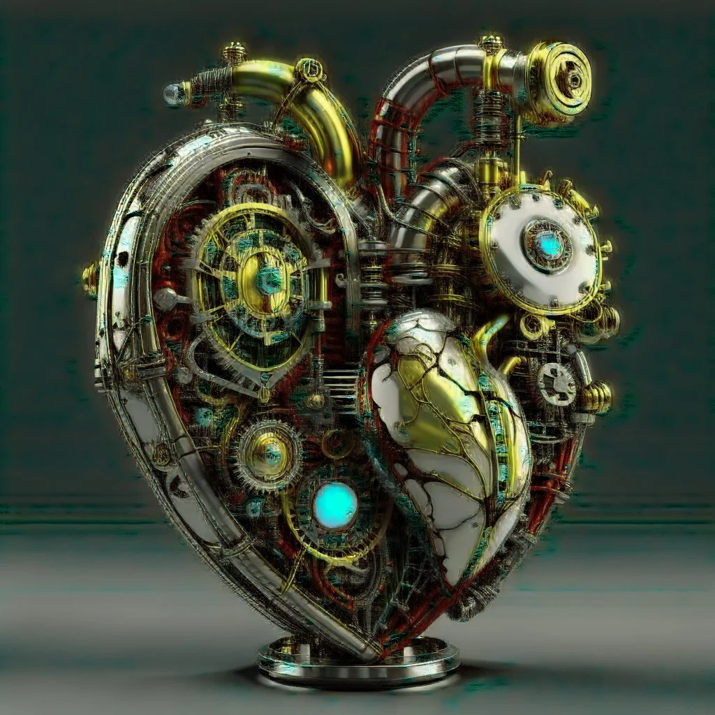 MULTICOLORED COMPLIMENTARY MECHANICAL HUMAN HEART, METALLIC, CLOCKWERK, STEAMPUNK, ANATOMICALLY CORRECT, RETROFUTURISTIC, CINEMATIC