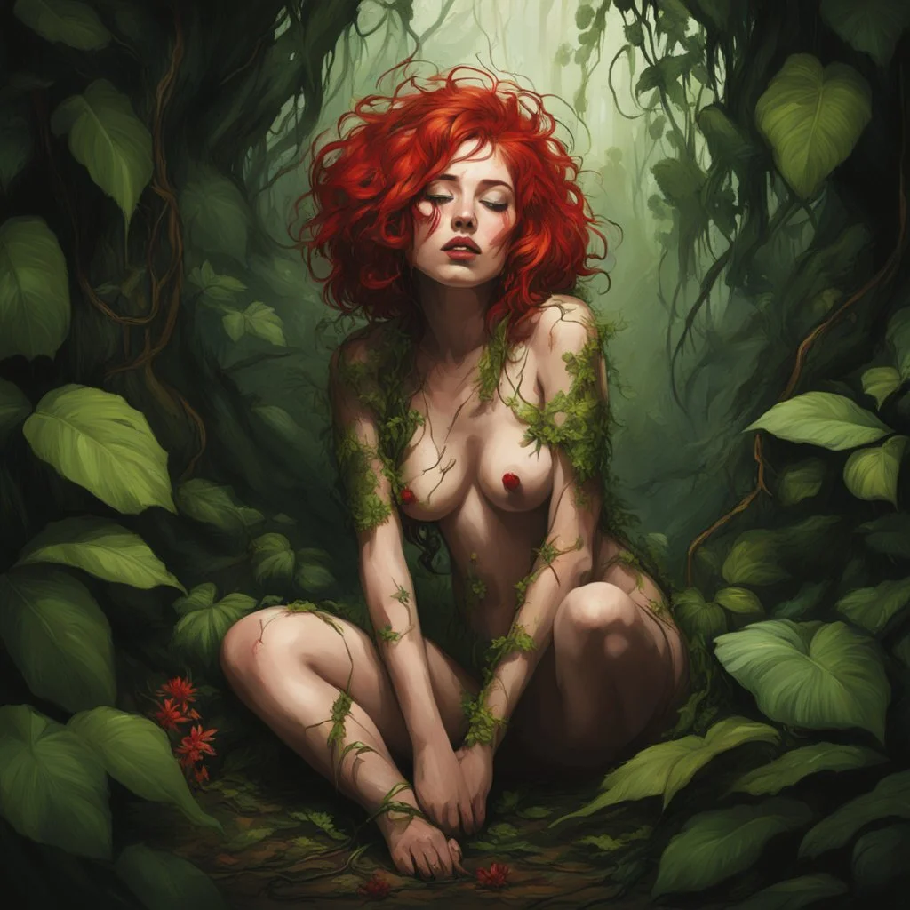 A frightened, cute woman with very short, messy red hair tangled with vines, eyes closed. Naked except for living exoskeleton made of plants, and wrapped in thick sticky vines. Crouched on the floor of a dark steamy jungle full of creeping green vies with tiny red flowers.