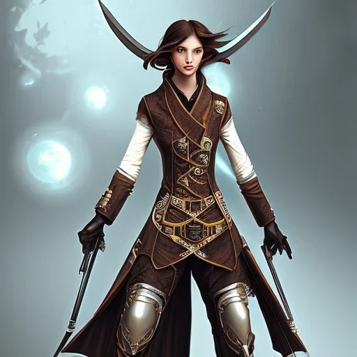 steampunk, female ninja, long hair, full-body